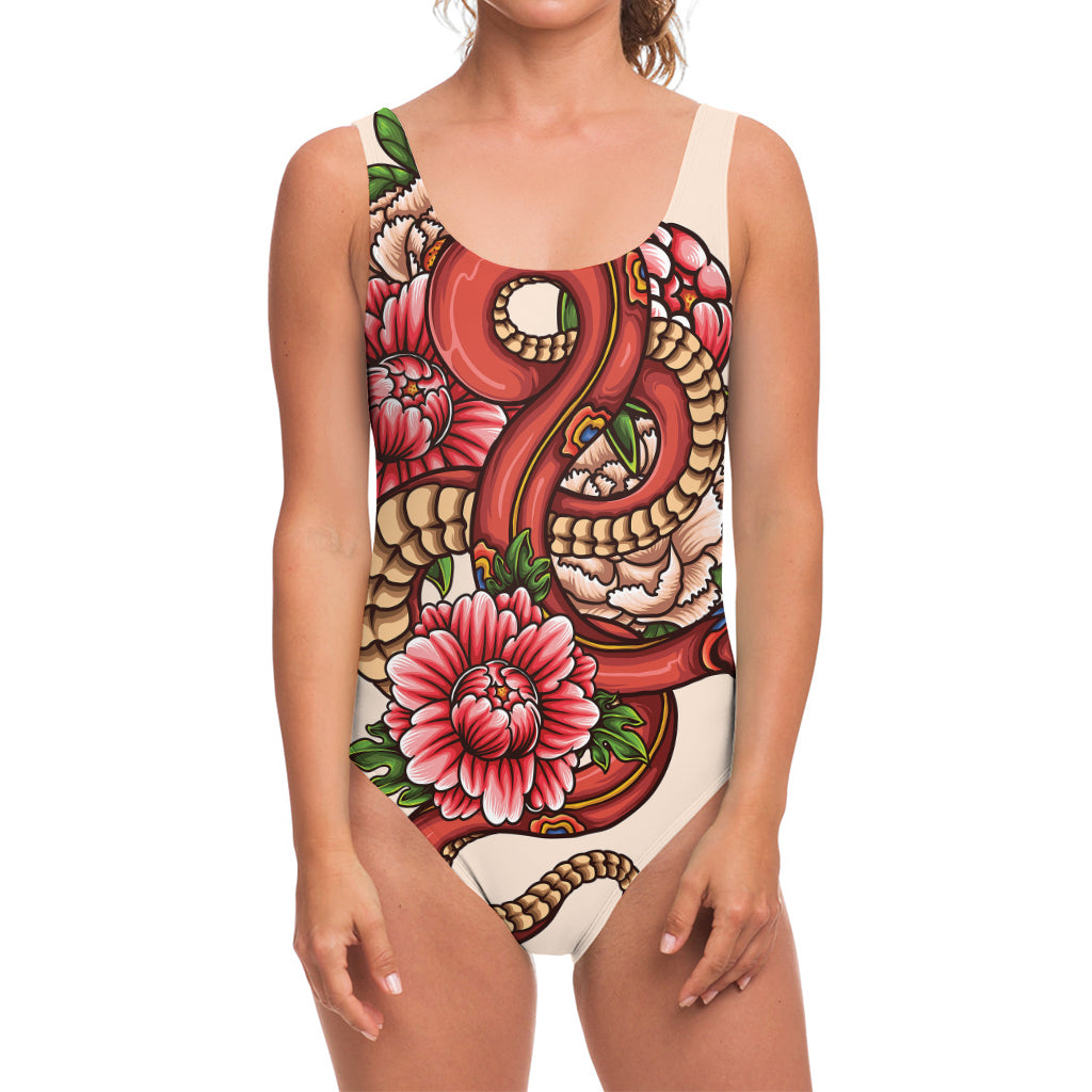 Japanese Snake Tattoo Print One Piece Swimsuit