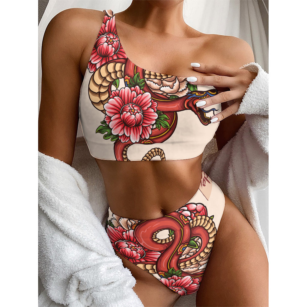 Japanese Snake Tattoo Print One Shoulder Bikini Top