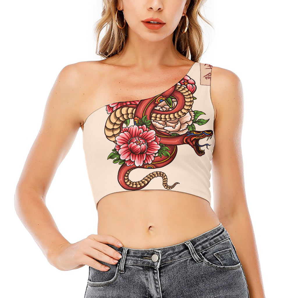 Japanese Snake Tattoo Print One Shoulder Crop Top