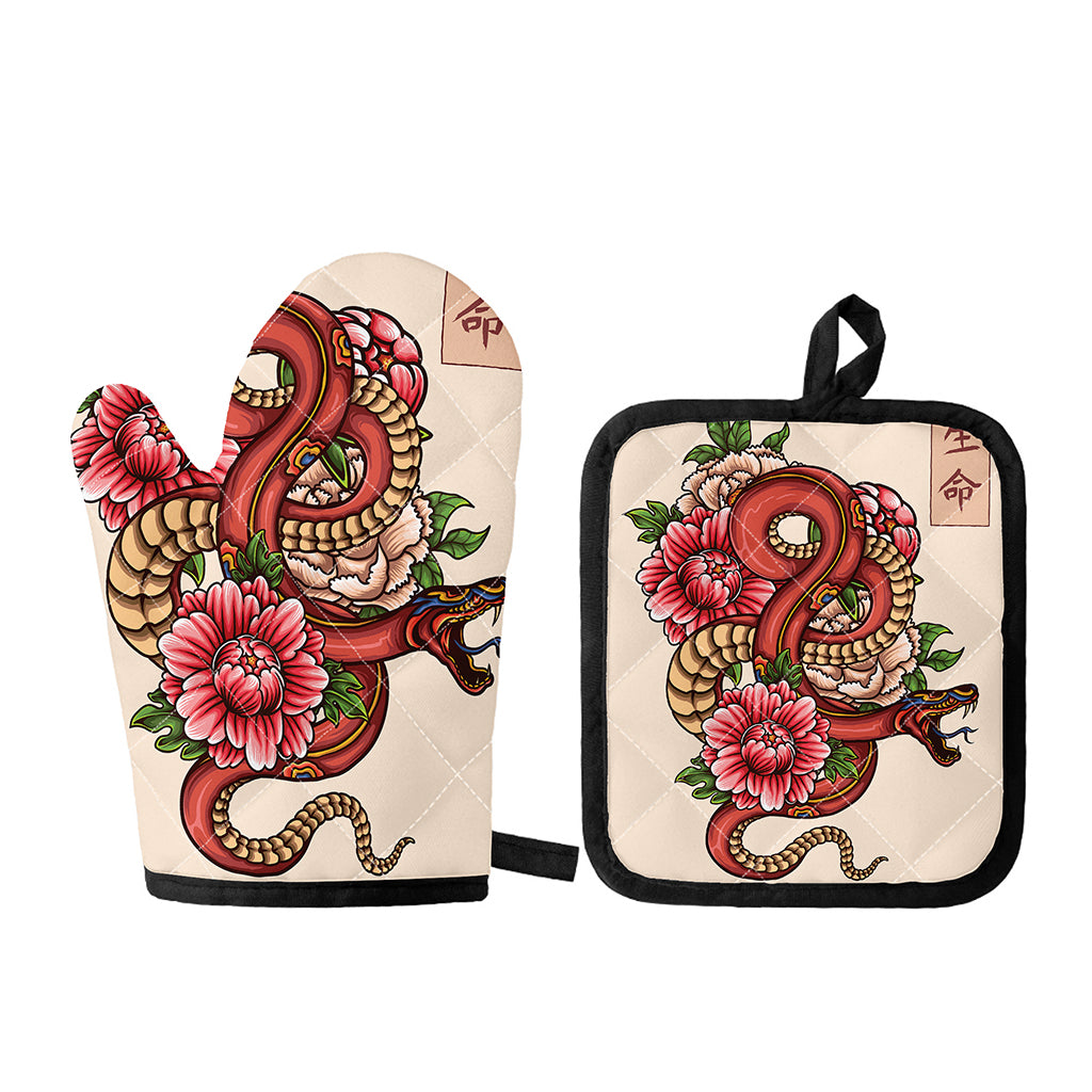 Japanese Snake Tattoo Print Oven Mitt And Pot Holder Set