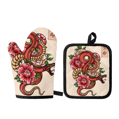 Japanese Snake Tattoo Print Oven Mitt And Pot Holder Set