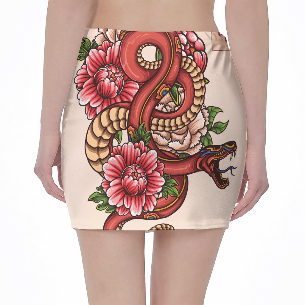 Japanese Snake Tattoo Print Pencil Mini Skirt