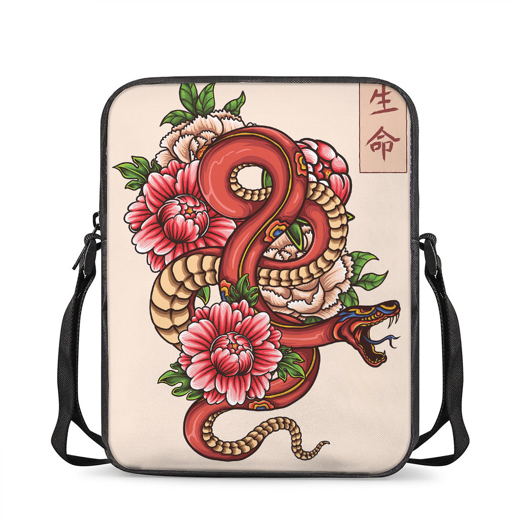 Japanese Snake Tattoo Print Rectangular Crossbody Bag