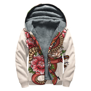 Japanese Snake Tattoo Print Sherpa Lined Zip Up Hoodie