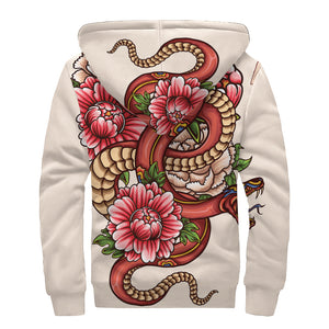 Japanese Snake Tattoo Print Sherpa Lined Zip Up Hoodie