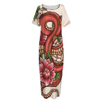 Japanese Snake Tattoo Print Short Sleeve Long Nightdress