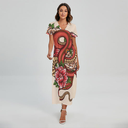 Japanese Snake Tattoo Print Short Sleeve Maxi Dress