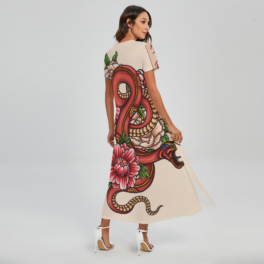 Japanese Snake Tattoo Print Short Sleeve Maxi Dress