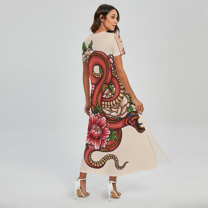 Japanese Snake Tattoo Print Short Sleeve Maxi Dress