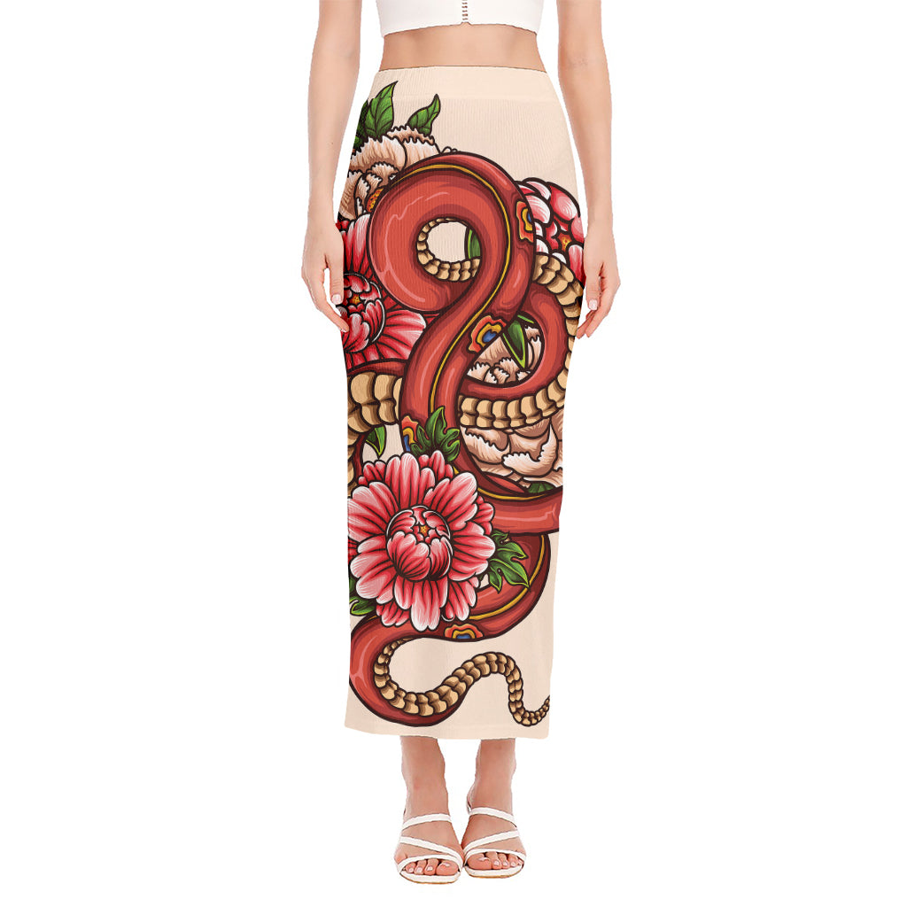 Japanese Snake Tattoo Print Side Slit Maxi Skirt