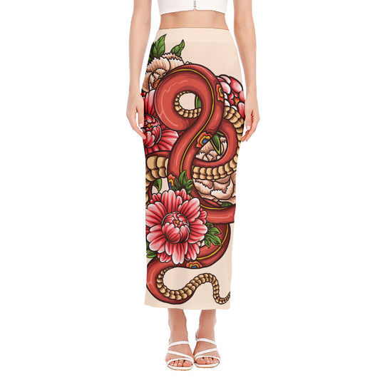 Japanese Snake Tattoo Print Side Slit Maxi Skirt