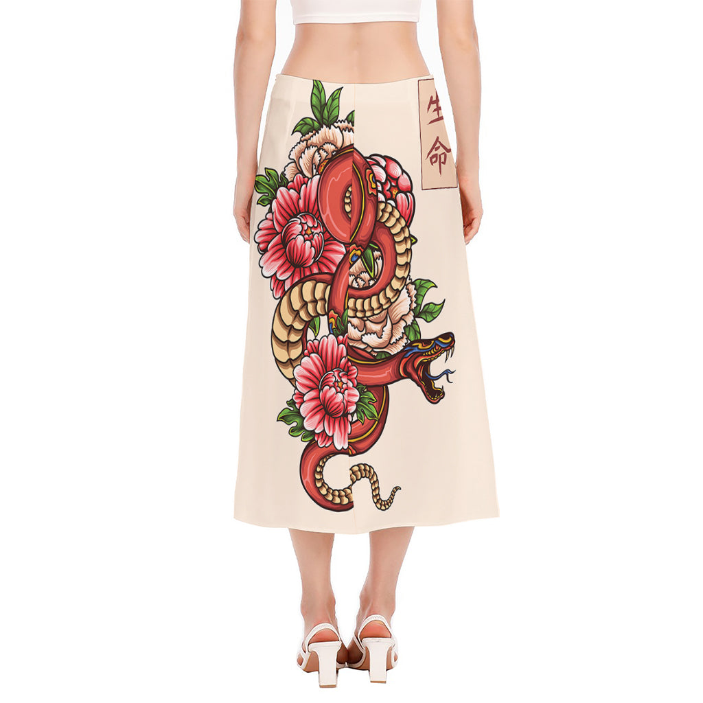 Japanese Snake Tattoo Print Side Slit Midi Skirt