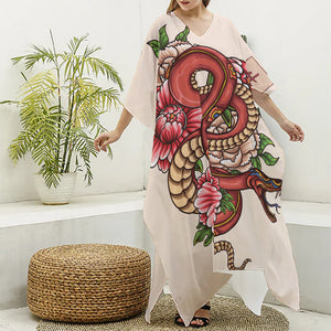 Japanese Snake Tattoo Print Silk V-Neck Kaftan Dress