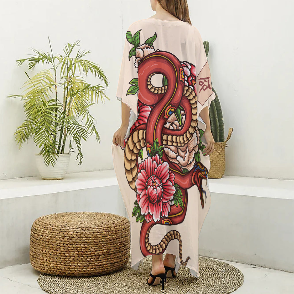 Japanese Snake Tattoo Print Silk V-Neck Kaftan Dress