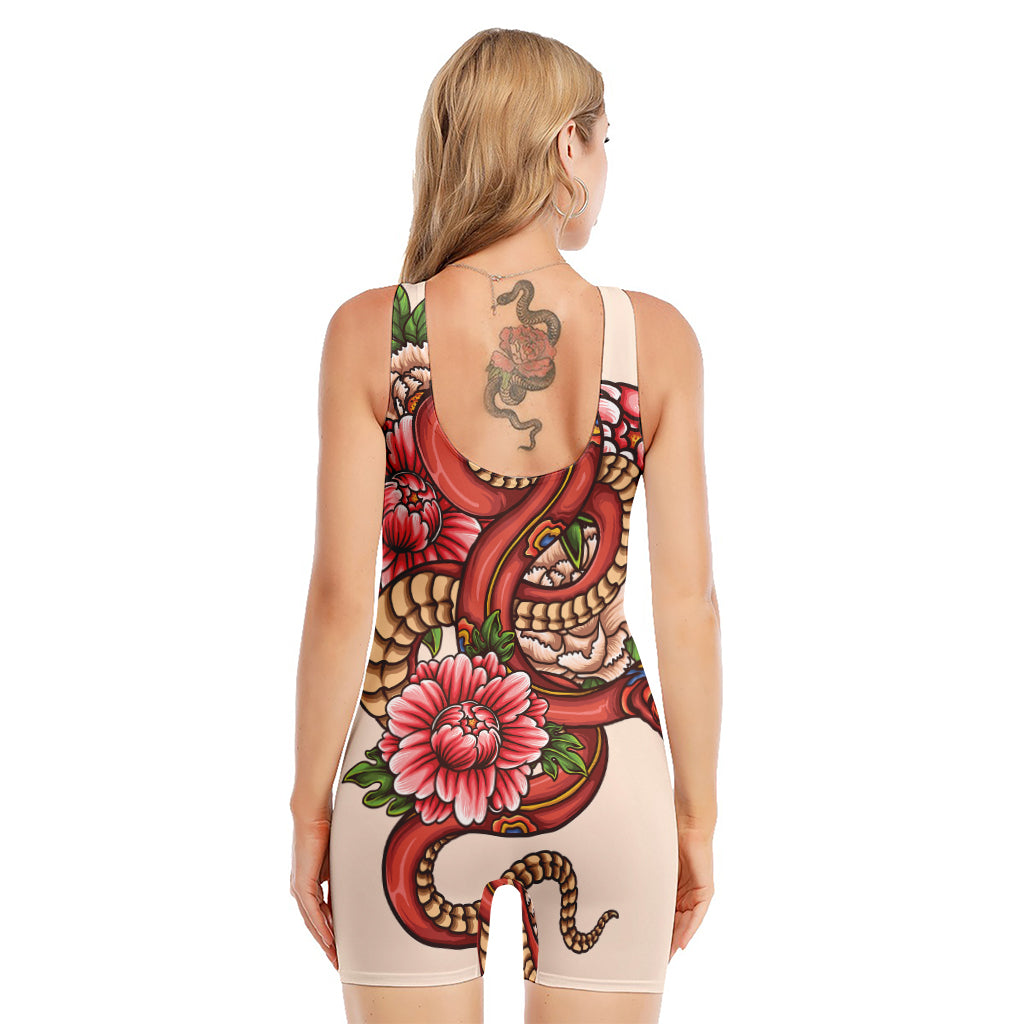 Japanese Snake Tattoo Print Sleeveless One Piece Swimsuit