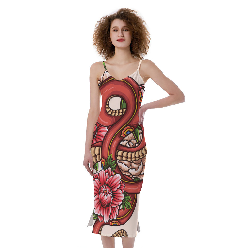 Japanese Snake Tattoo Print Slim Fit Midi Cami Dress