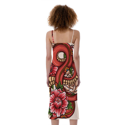 Japanese Snake Tattoo Print Slim Fit Midi Cami Dress