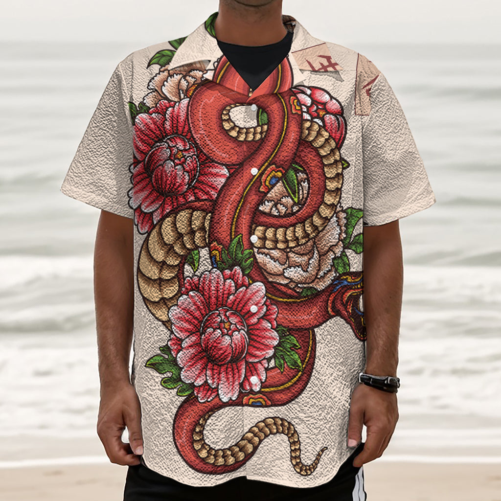 Japanese Snake Tattoo Print Textured Short Sleeve Shirt