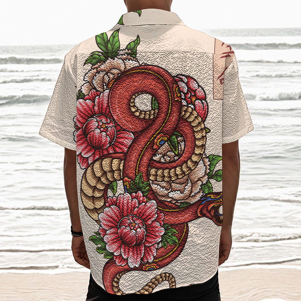 Japanese Snake Tattoo Print Textured Short Sleeve Shirt