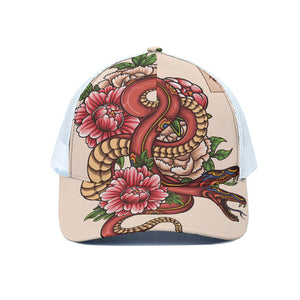 Japanese Snake Tattoo Print White Mesh Trucker Cap