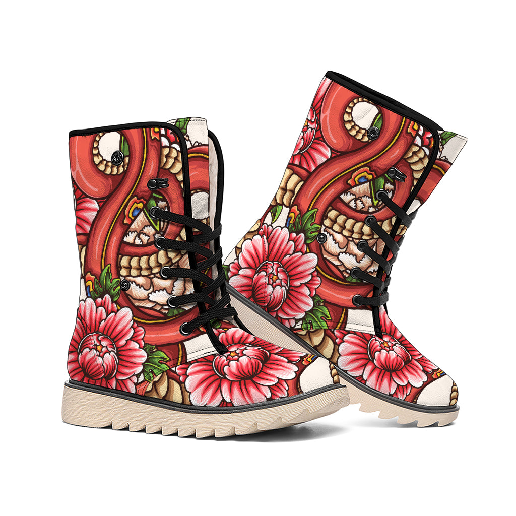 Japanese Snake Tattoo Print Winter Boots