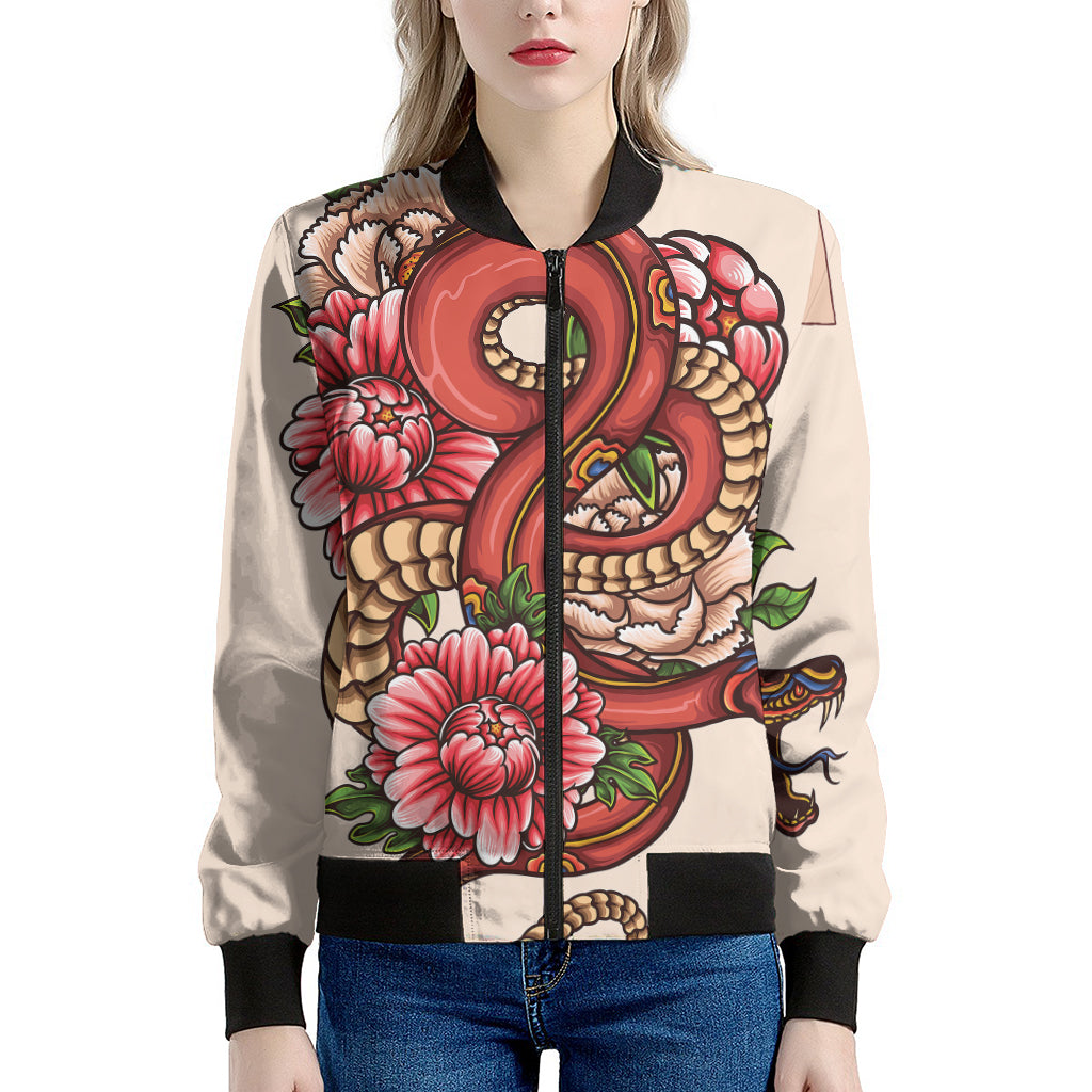 Japanese Snake Tattoo Print Women's Bomber Jacket