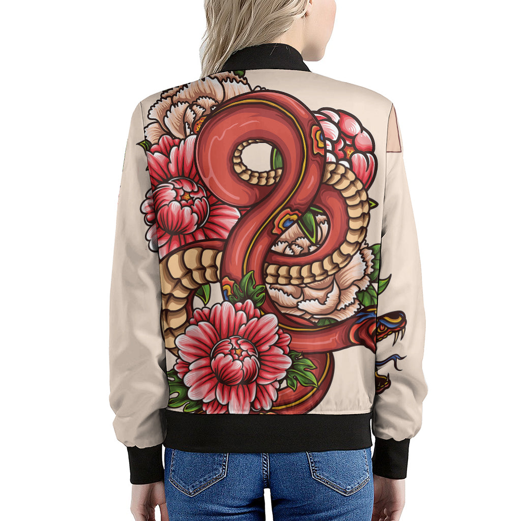 Japanese Snake Tattoo Print Women's Bomber Jacket