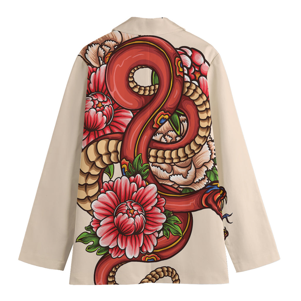 Japanese Snake Tattoo Print Women's Cotton Blazer