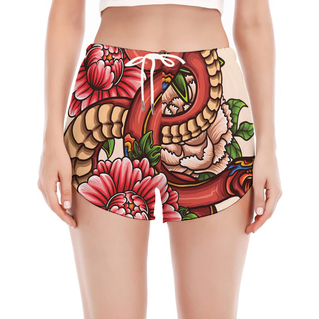 Japanese Snake Tattoo Print Women's Split Running Shorts