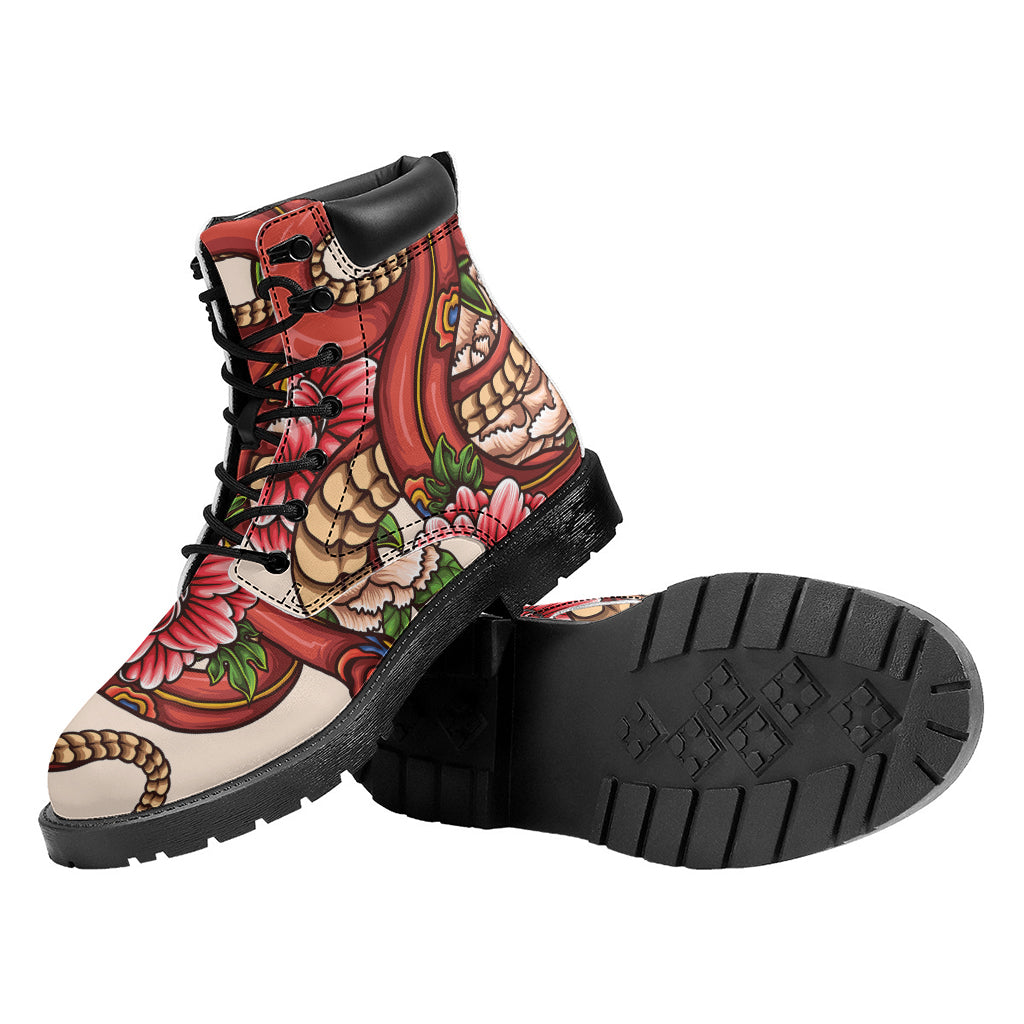 Japanese Snake Tattoo Print Work Boots