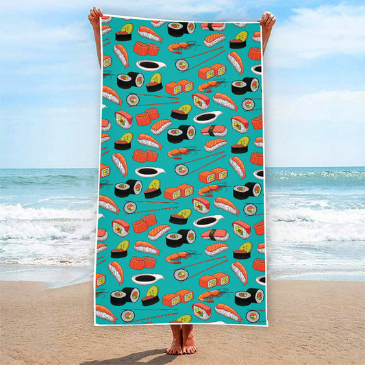 Japanese Sushi And Rolls Pattern Print Beach Towel