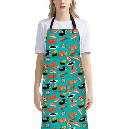 Japanese Sushi And Rolls Pattern Print Bib Apron With Pocket