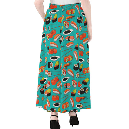 Japanese Sushi And Rolls Pattern Print Chiffon Maxi Skirt
