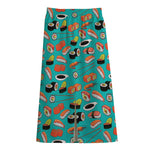 Japanese Sushi And Rolls Pattern Print Cotton Front Slit Maxi Skirt