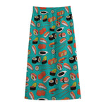 Japanese Sushi And Rolls Pattern Print Cotton Front Slit Maxi Skirt
