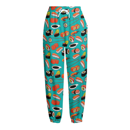 Japanese Sushi And Rolls Pattern Print Fleece Lined Knit Pants