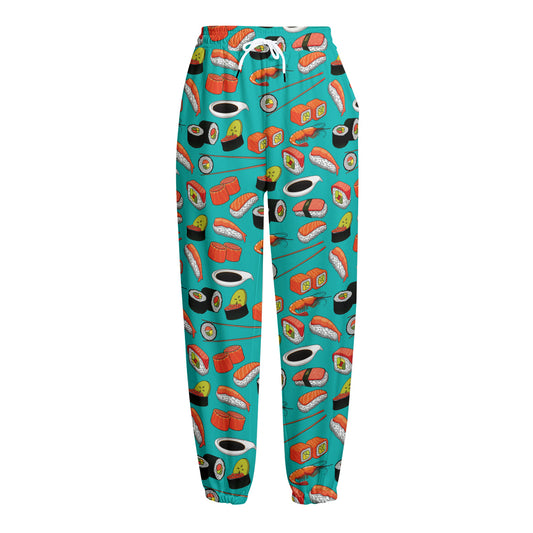 Japanese Sushi And Rolls Pattern Print Fleece Lined Knit Pants