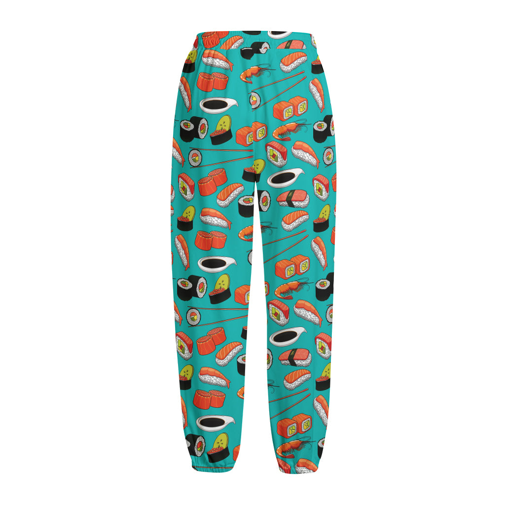 Japanese Sushi And Rolls Pattern Print Fleece Lined Knit Pants