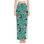 Japanese Sushi And Rolls Pattern Print High Slit Maxi Skirt