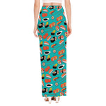 Japanese Sushi And Rolls Pattern Print High Slit Maxi Skirt