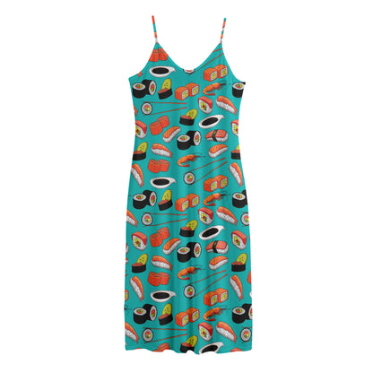 Japanese Sushi And Rolls Pattern Print Jersey Midi Cami Dress