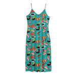 Japanese Sushi And Rolls Pattern Print Jersey Midi Cami Dress