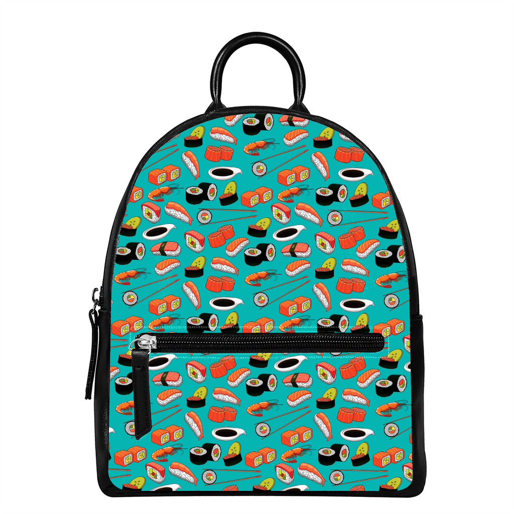 Japanese Sushi And Rolls Pattern Print Leather Backpack