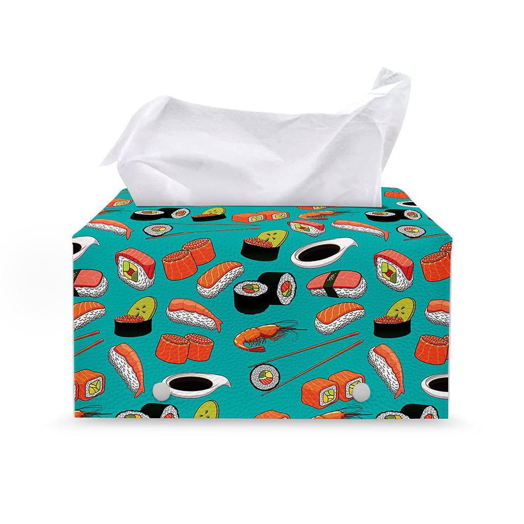 Japanese Sushi And Rolls Pattern Print Leather Tissue Box Cover
