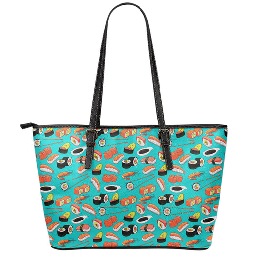 Japanese Sushi And Rolls Pattern Print Leather Tote Bag