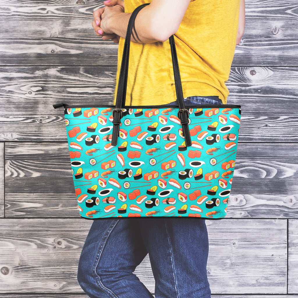 Japanese Sushi And Rolls Pattern Print Leather Tote Bag
