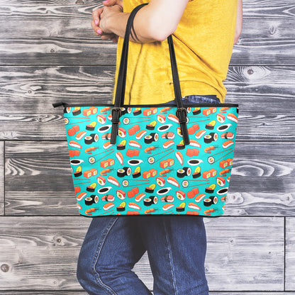 Japanese Sushi And Rolls Pattern Print Leather Tote Bag