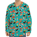 Japanese Sushi And Rolls Pattern Print Long Sleeve Baseball Jersey