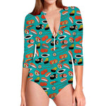 Japanese Sushi And Rolls Pattern Print Long Sleeve Swimsuit
