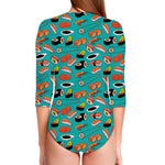 Japanese Sushi And Rolls Pattern Print Long Sleeve Swimsuit